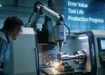 A modern smart factory interior featuring a CNC turning-milling center in operation, machining an aluminum part, with data visualization interfaces showing real-time metrics and engineers monitoring the process.