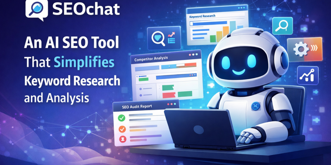 AI SEO tool interface showing keyword research, competitor analysis, and SEO audit features in a chat-based system
