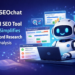 AI SEO tool interface showing keyword research, competitor analysis, and SEO audit features in a chat-based system