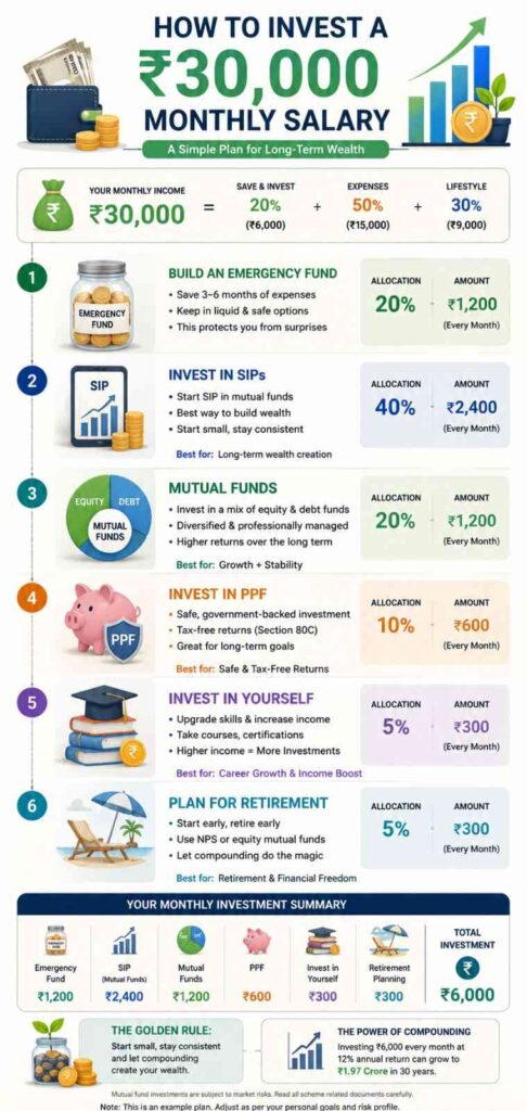 Infographic showing how a person earning ₹30,000 per month can allocate money to an emergency fund, SIPs, mutual funds, PPF, retirement planning, and wealth-building investments.