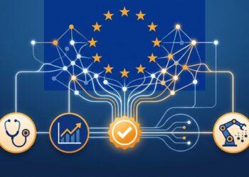 Illustration showing the EU AI Act framework connecting healthcare, finance, and agentic AI sectors through a central verifiability badge