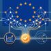 Illustration showing the EU AI Act framework connecting healthcare, finance, and agentic AI sectors through a central verifiability badge