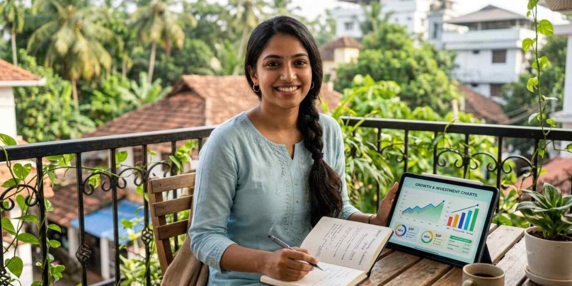 A 25-year-old woman in a light kurta sitting on a balcony, holding a notebook and a digital tablet showing financial growth charts.