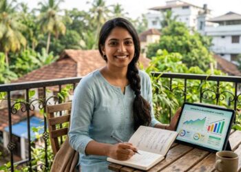 A 25-year-old woman in a light kurta sitting on a balcony, holding a notebook and a digital tablet showing financial growth charts.
