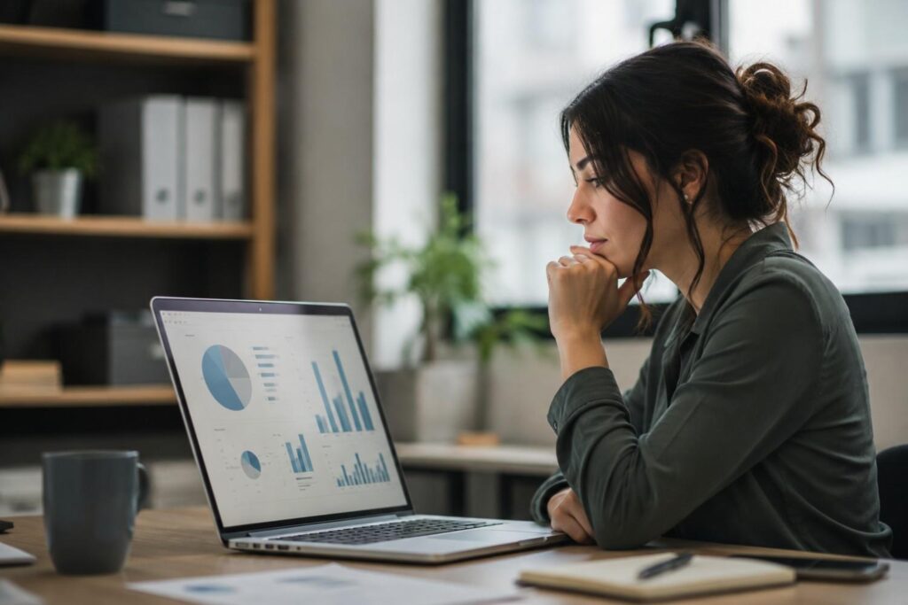 Young marketing professional reviewing a category score breakdown on a laptop at an office desk