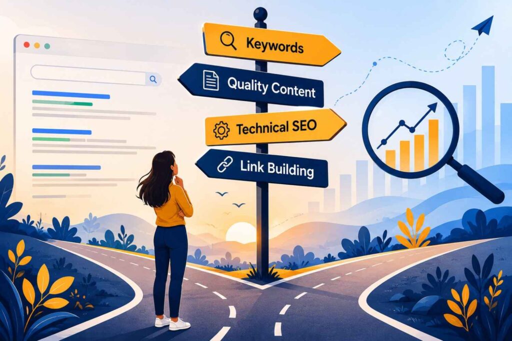 Flat vector illustration of a signpost at a crossroads with magnifying glass and graph icons, in gold and navy tones
