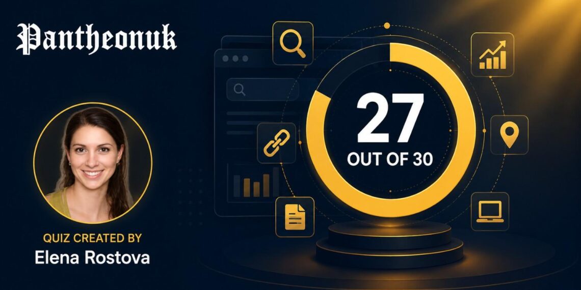 SEO quiz dashboard illustration with circular score ring showing 27 out of 30, gold and navy color scheme