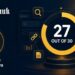 SEO quiz dashboard illustration with circular score ring showing 27 out of 30, gold and navy color scheme