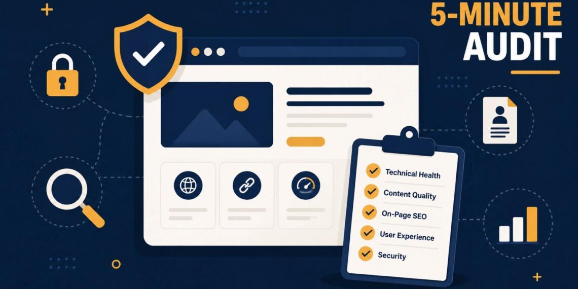 Browser window with a five-point trust checklist and a shield icon, surrounded by padlock, magnifying glass, and chart icons