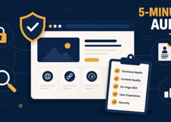 Browser window with a five-point trust checklist and a shield icon, surrounded by padlock, magnifying glass, and chart icons