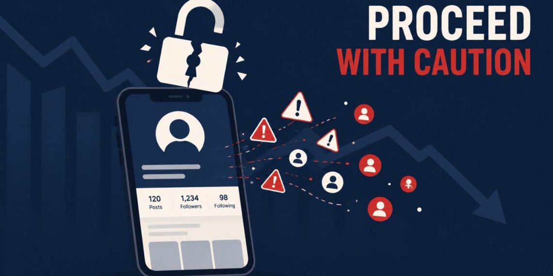 Smartphone with a cracked padlock above it and warning icons trailing away, representing account compromise risk