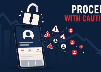 Smartphone with a cracked padlock above it and warning icons trailing away, representing account compromise risk