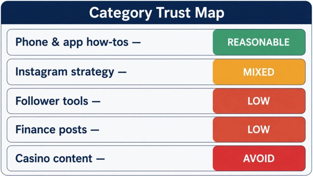 Five content categories rated from reasonable to avoid on a horizontal trust scale