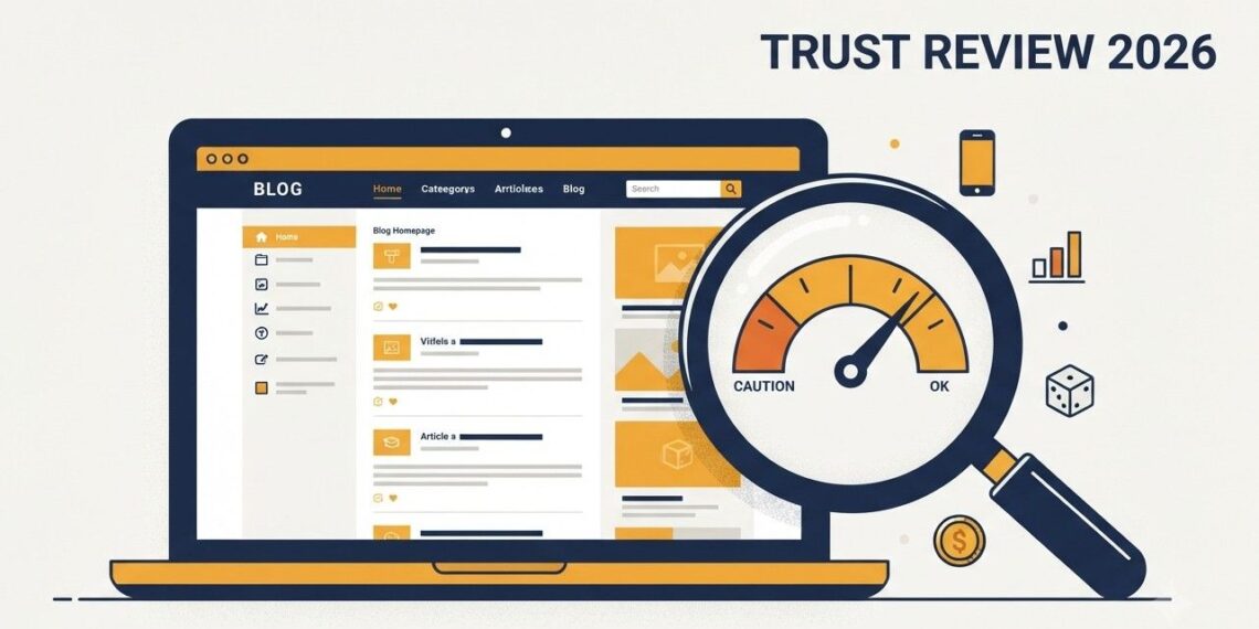Magnifying glass examining a website homepage on a laptop, with a trust-score gauge overlay