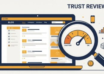 Magnifying glass examining a website homepage on a laptop, with a trust-score gauge overlay