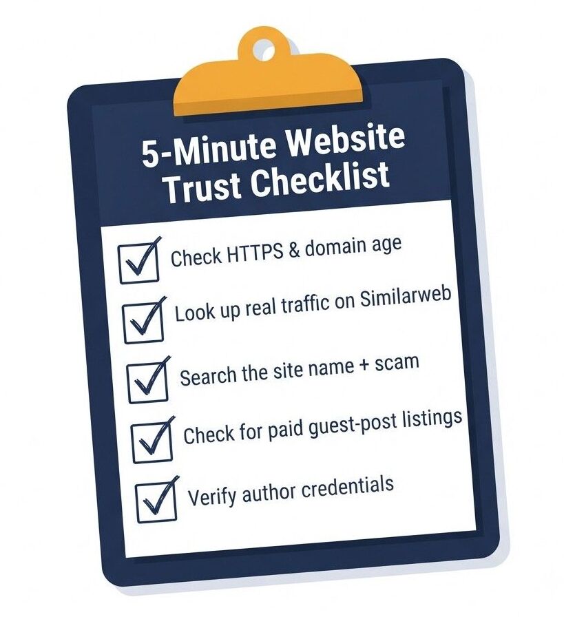 Preview of a five-item website trust checklist on a clipboard