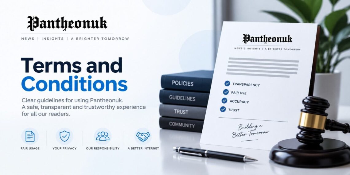 Pantheonuk Terms and Conditions hero banner with official Pantheonuk logo, policy document, and gavel